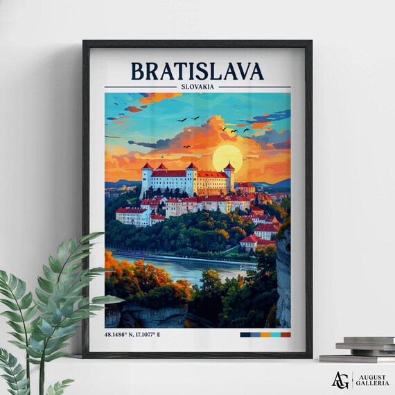 Bratislava Slovakia Castle Danube Sunset Retro Travel Poster
