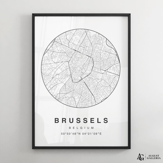 Brussels Belgium Minimalist Black and White Circular City Map Print