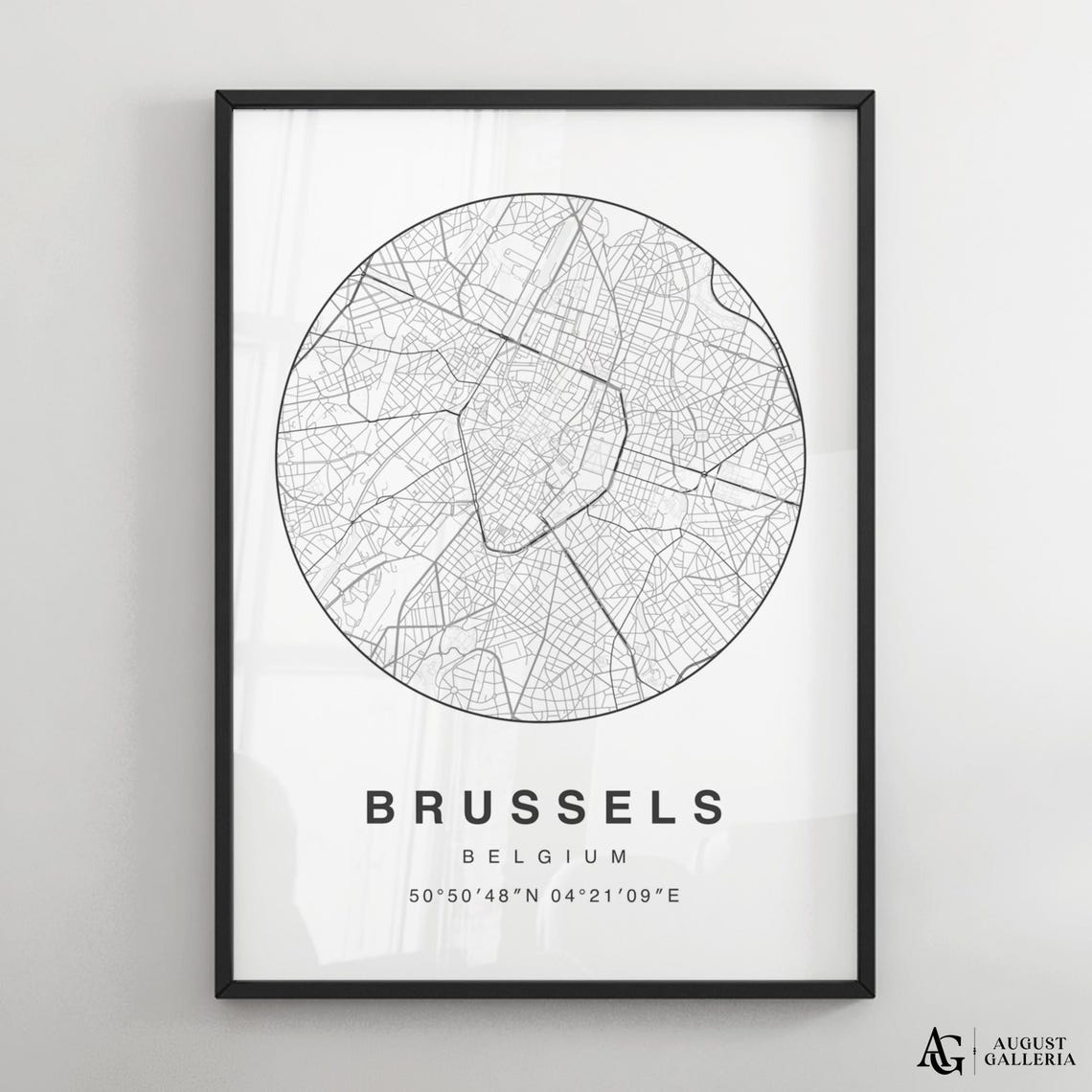 Brussels Belgium Minimalist Black and White Circular City Map Print