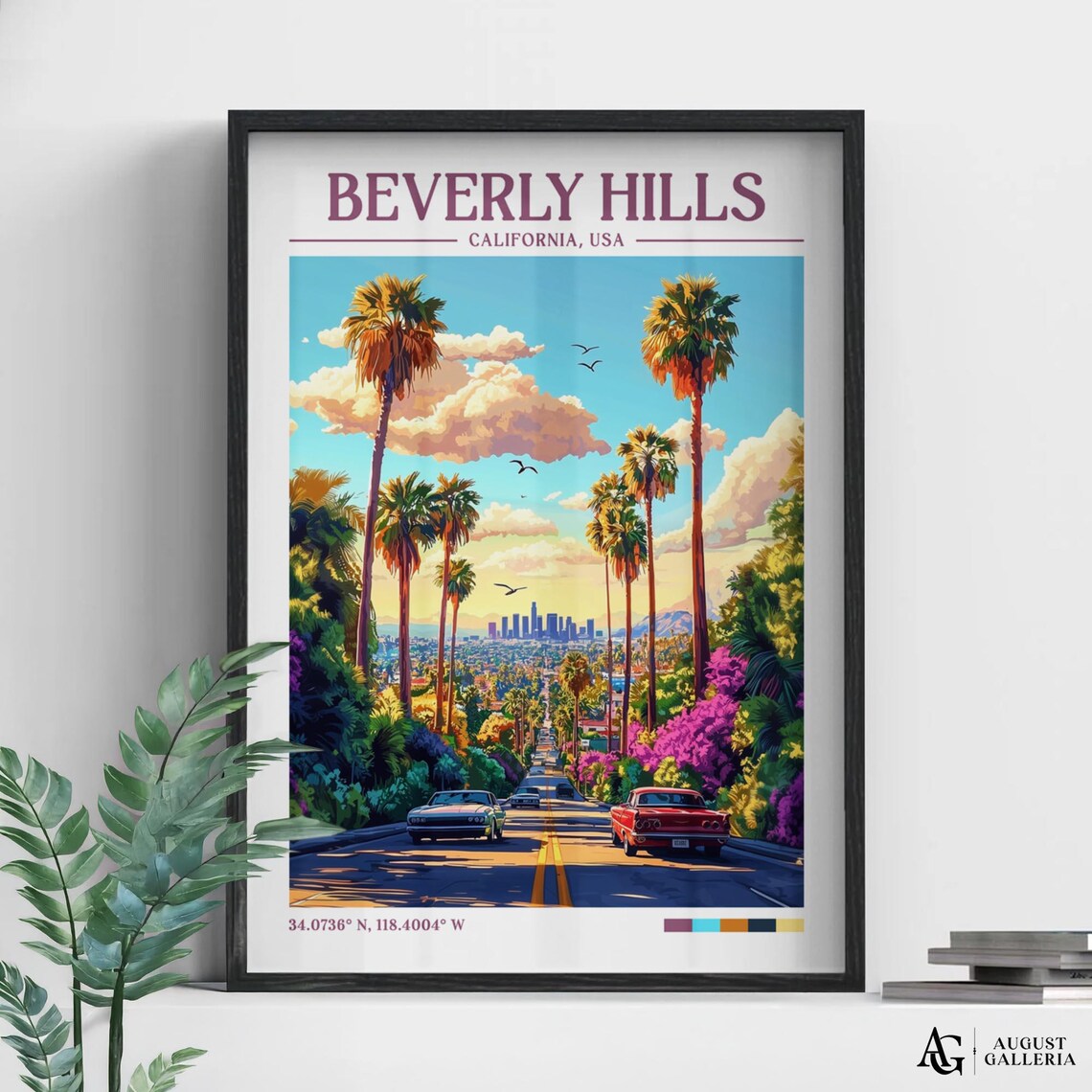 Beverly Hills California Palm Lined Street Classic Cars Travel Poster