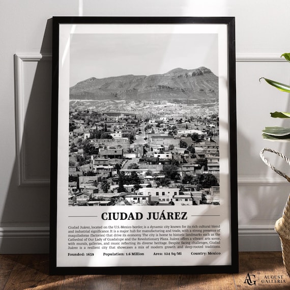 Ciudad Juarez Black And White Skyline Travel Poster Mexico Border