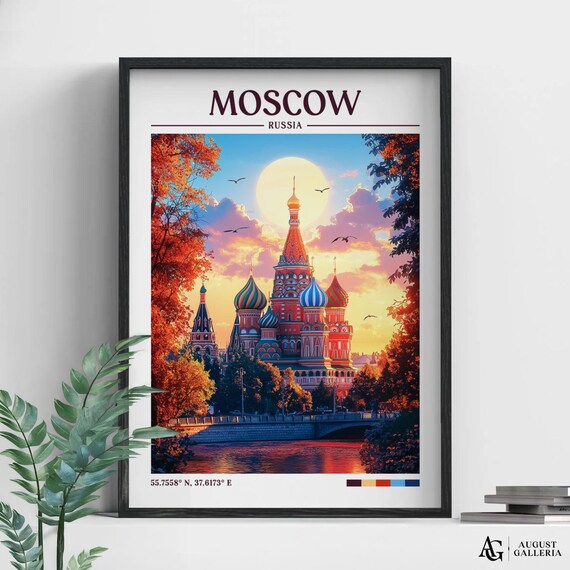Moscow Russia Retro Travel Poster St Basils Cathedral Sunset Autumn