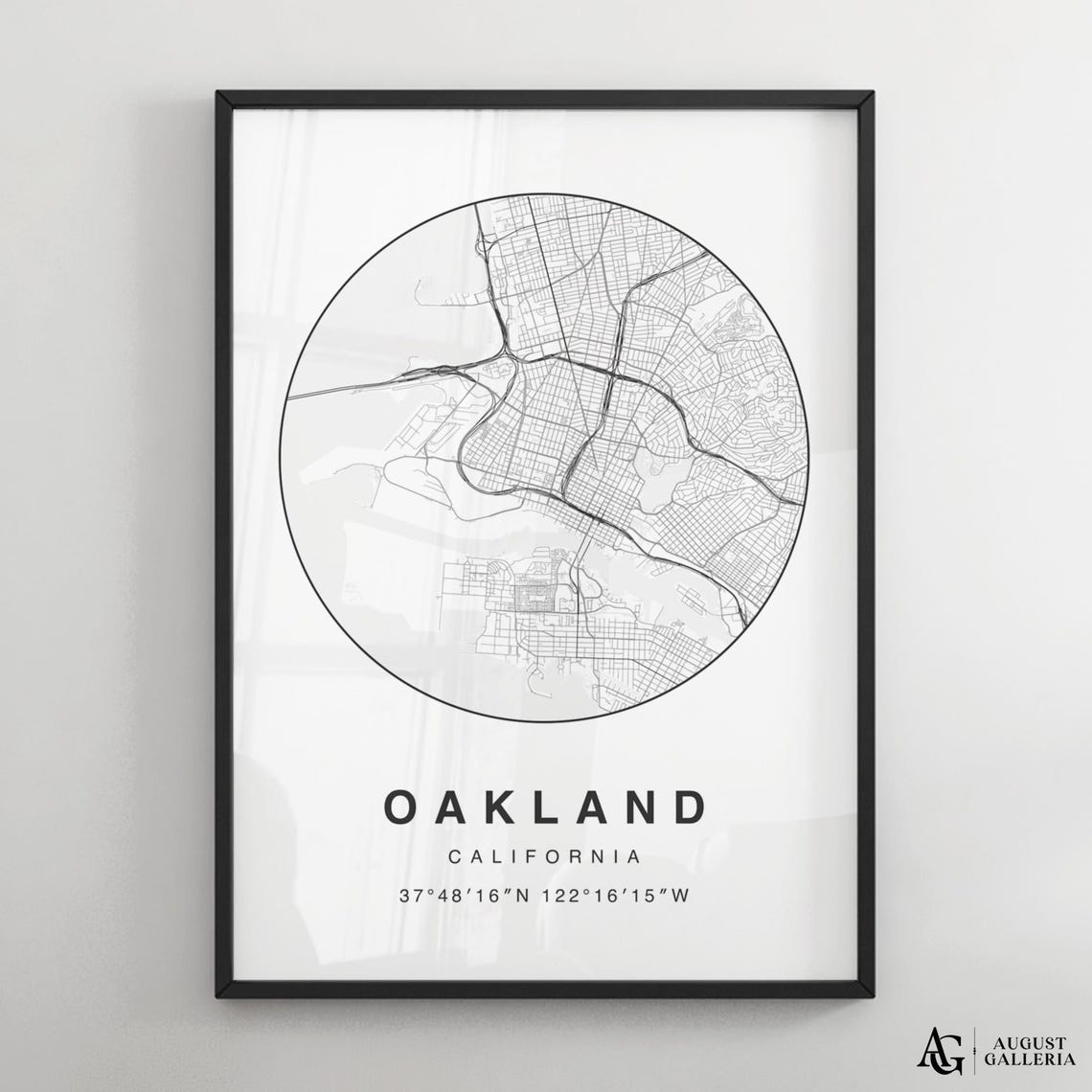 Oakland California Circular Minimalist Black White Map Poster