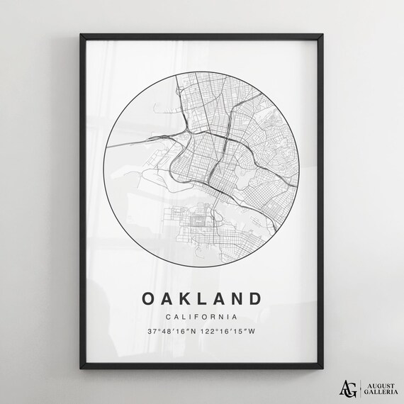 Oakland California Circular Minimalist Black White Map Poster