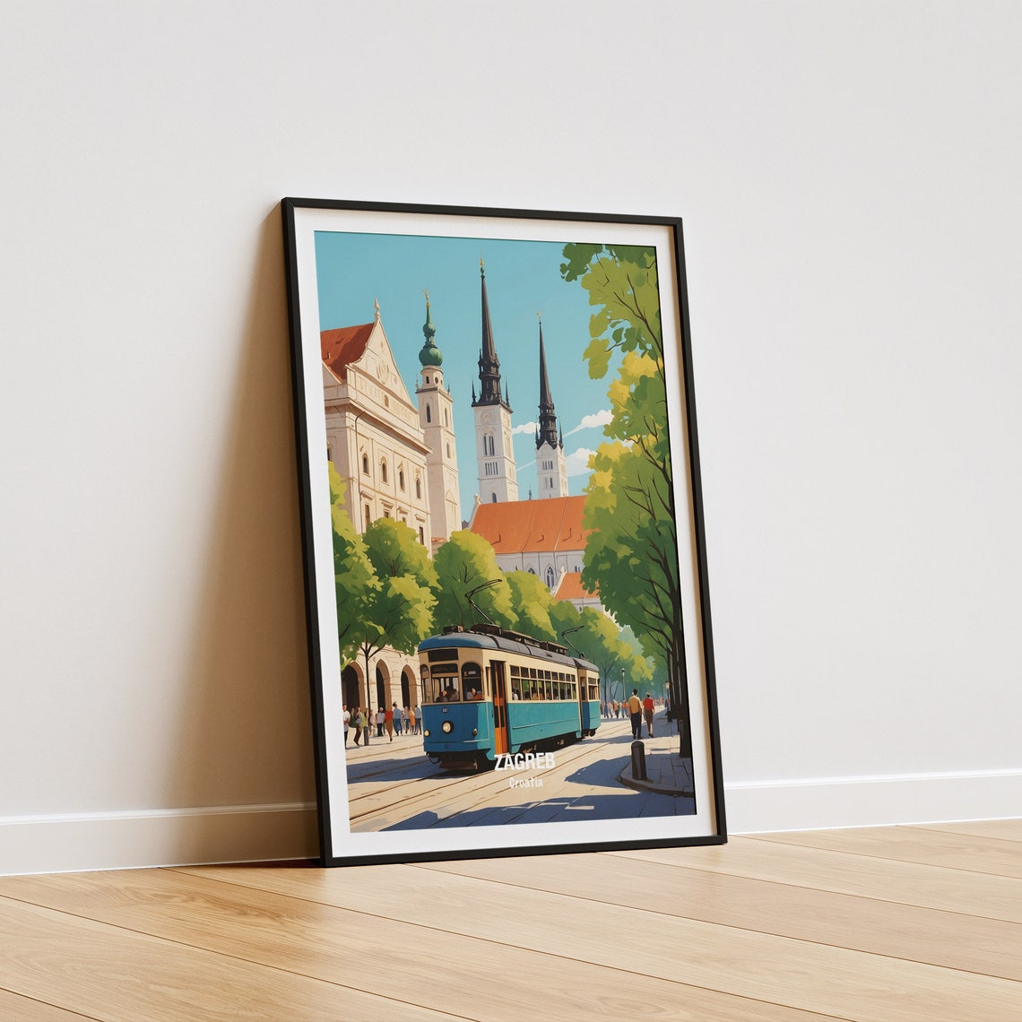 Zagreb Croatia Vintage Blue Tram Cathedral Square Daytime Poster - Image 5