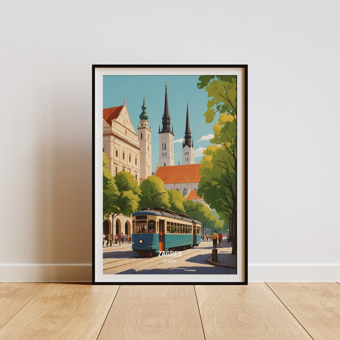 Zagreb Croatia Vintage Blue Tram Cathedral Square Daytime Poster