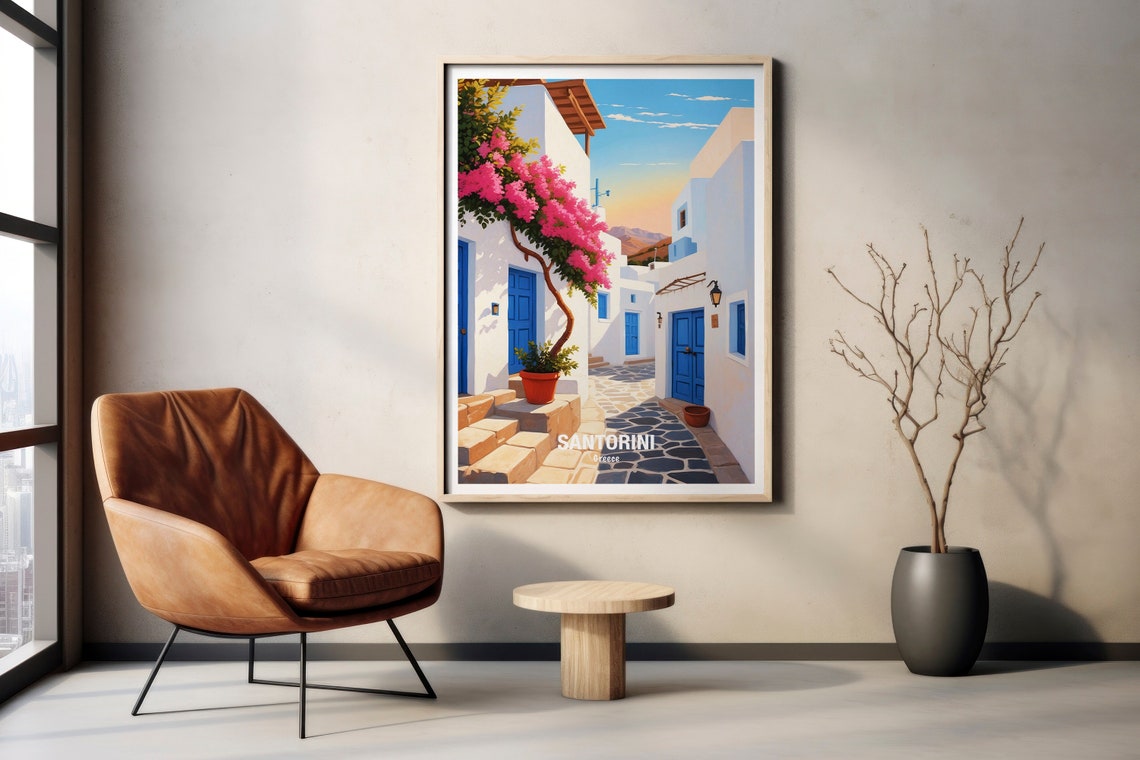 Santorini Greece White Alley With Bougainvillea Blossoms Poster - Image 2