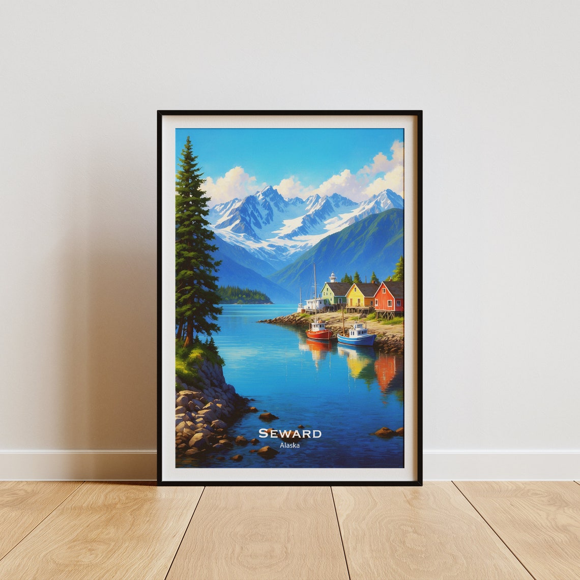 Seward Alaska Harbor Boats Snowy Mountains Sunset Fjord Poster