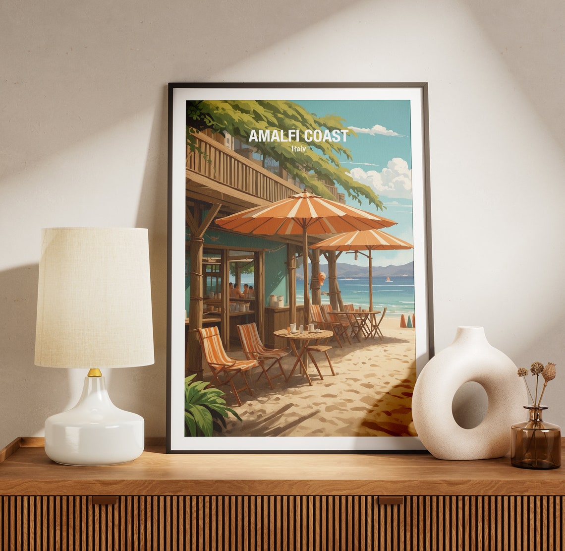 Amalfi Coast Italy Sandy Beach Bar With Striped Umbrellas Poster - Image 3
