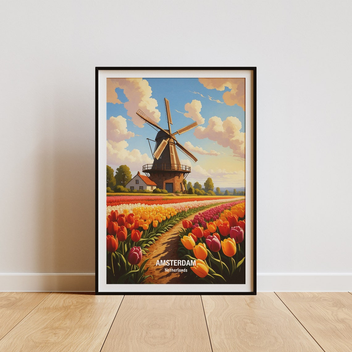 Amsterdam Netherlands Windmill Tulip Fields Spring Countryside Poster