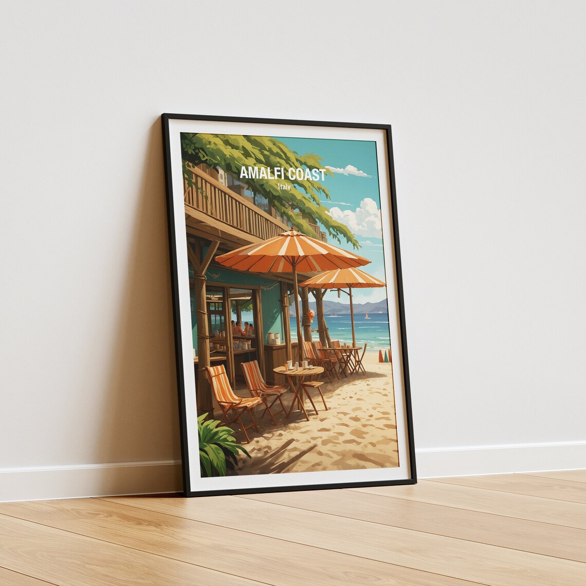Amalfi Coast Italy Sandy Beach Bar With Striped Umbrellas Poster - Image 5