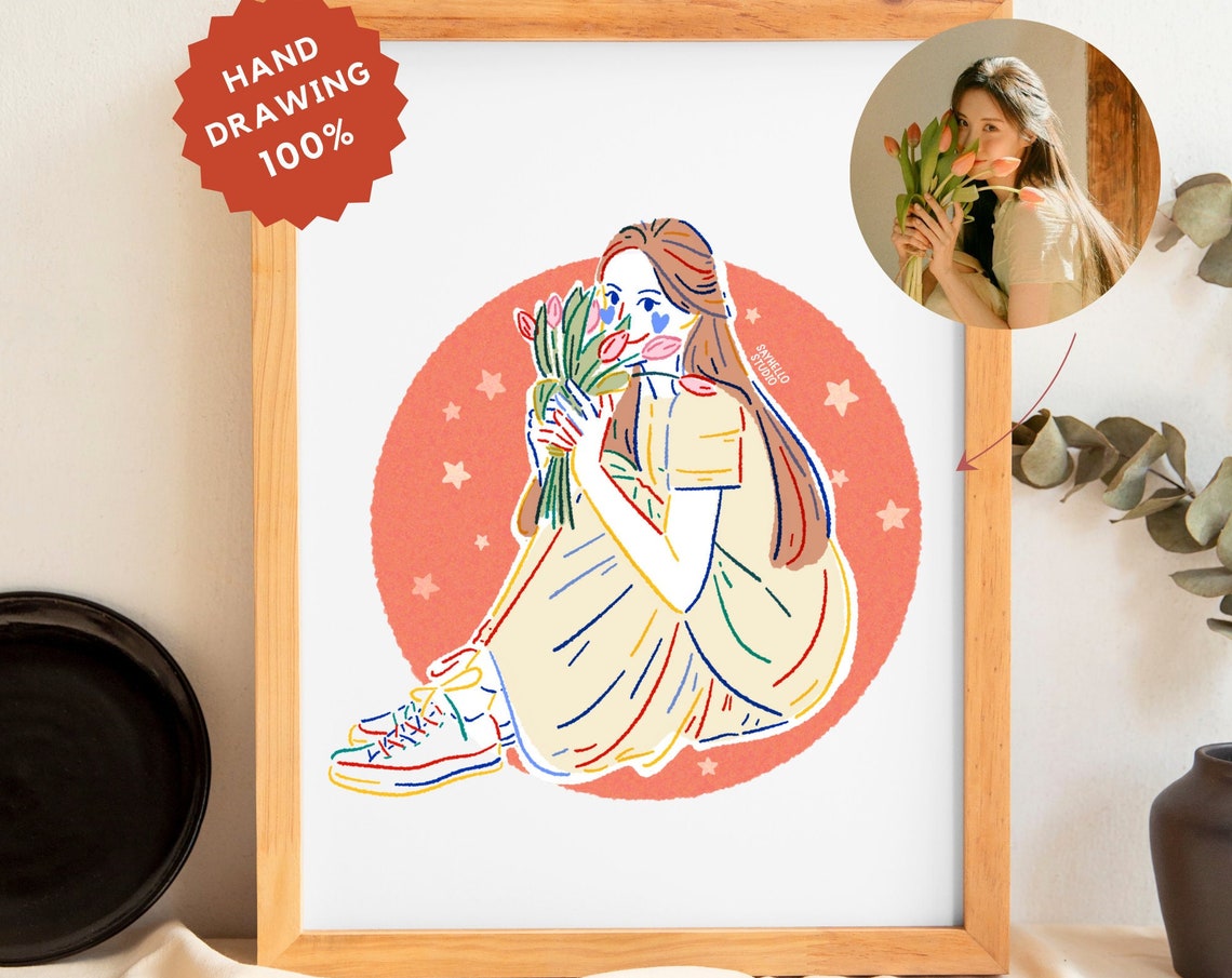 Custom Portrait Cute Couple Gift Wedding Portrait Personalized Handdrawn Art Colorful Line Draw From Photo