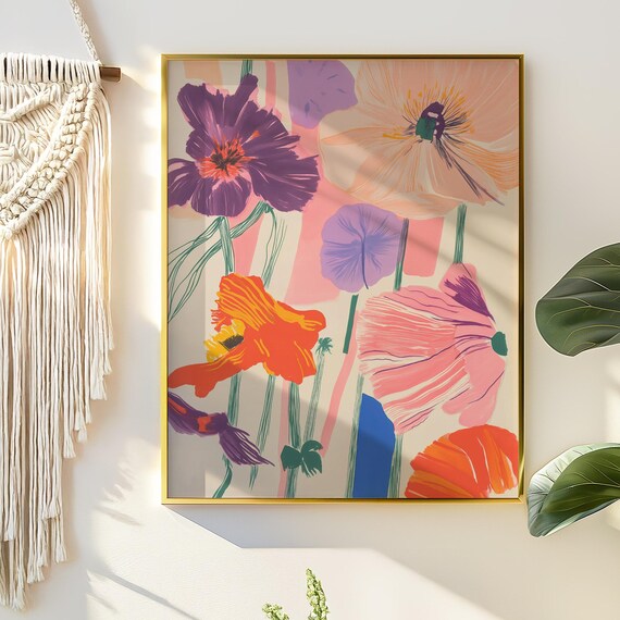 Modern Abstract Poppies In Purple Pink And Orange Bold Floral Art Poster