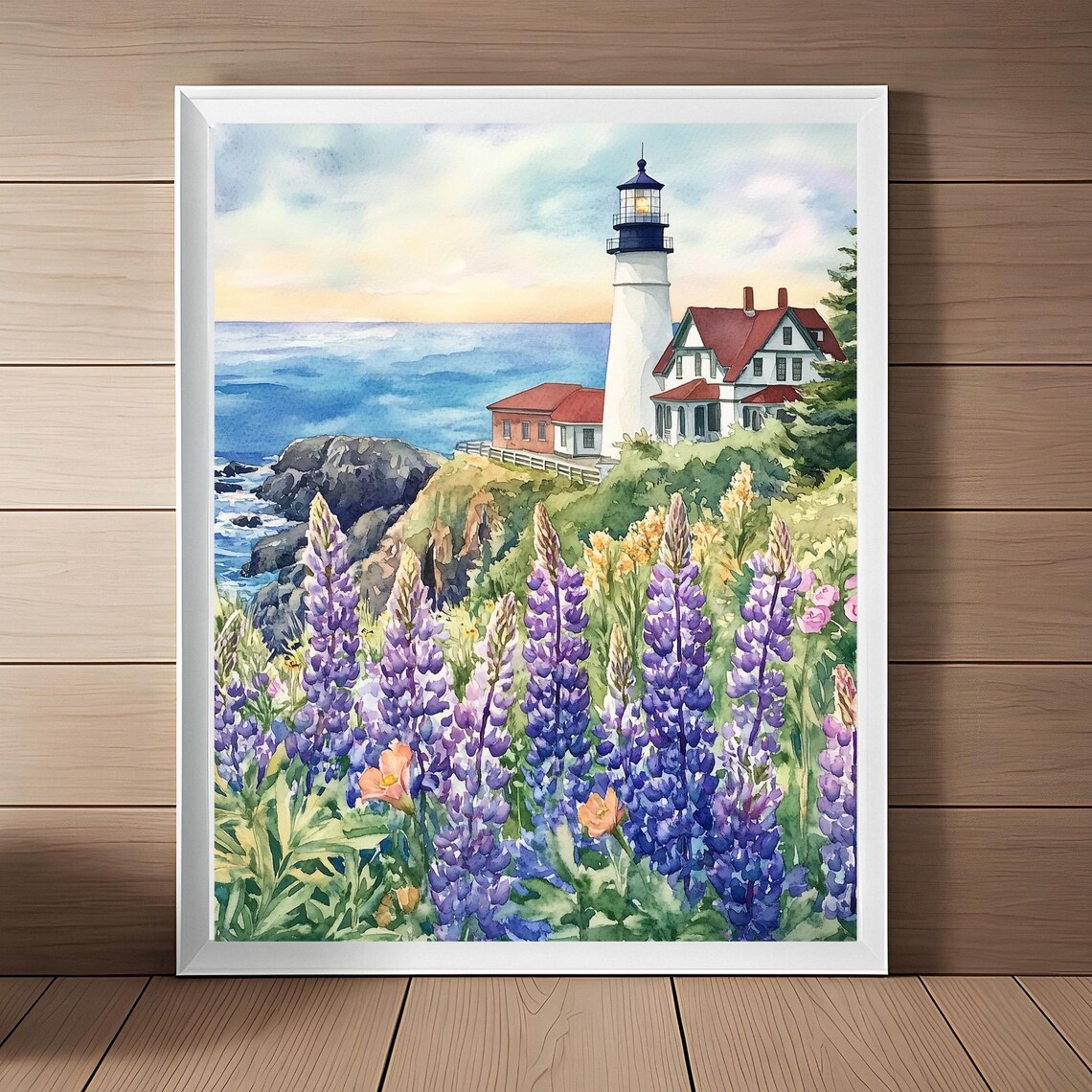 Coastal Maine Seascape Watercolor, Lighthouse Travel Poster