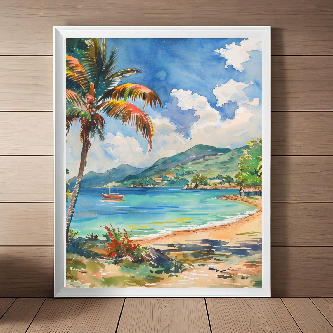 Caribbean Coastal Watercolor Art Print, Beach Seascape