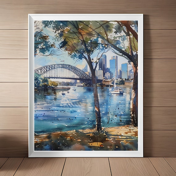 Sydney Harbour Bridge Watercolor City Skyline Through Trees Poster