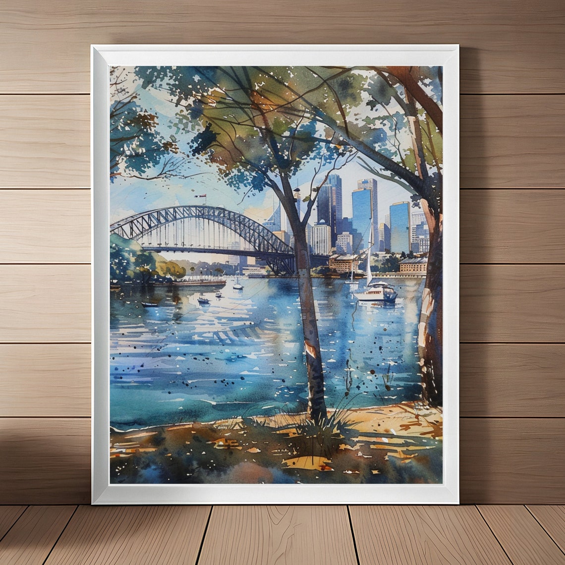 Sydney Harbour Bridge Watercolor City Skyline Through Trees Poster