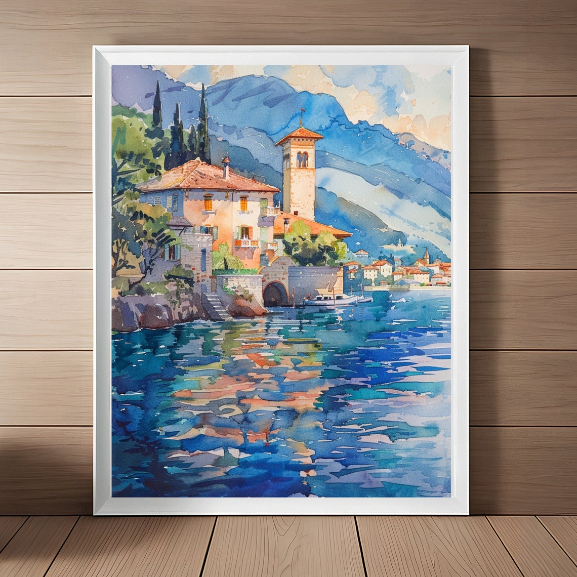 Lake Como Italy Lakeside Villa With Bell Tower Watercolor Poster