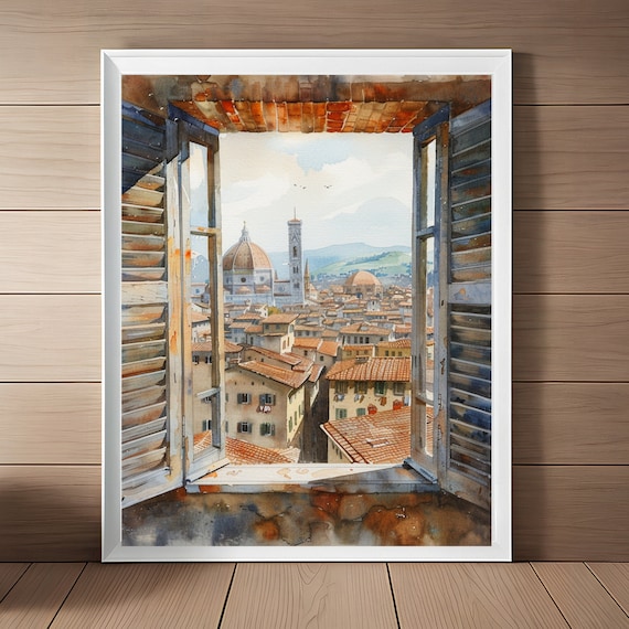 Florence Italy Window View of Duomo Cathedral Watercolor Poster