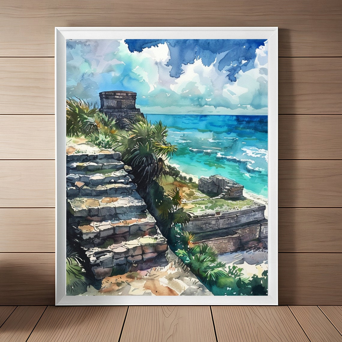 Tulum Mayan Ruins Watercolor Cliffs Above Caribbean Sea Poster