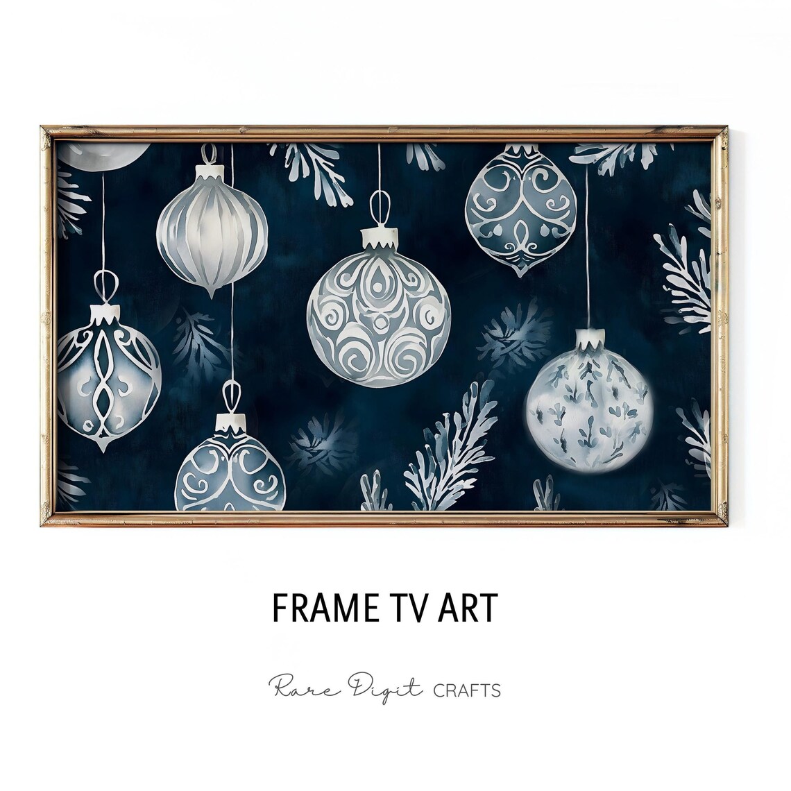 Blue White Christmas Ornaments Watercolor Moody Holiday Art Poster