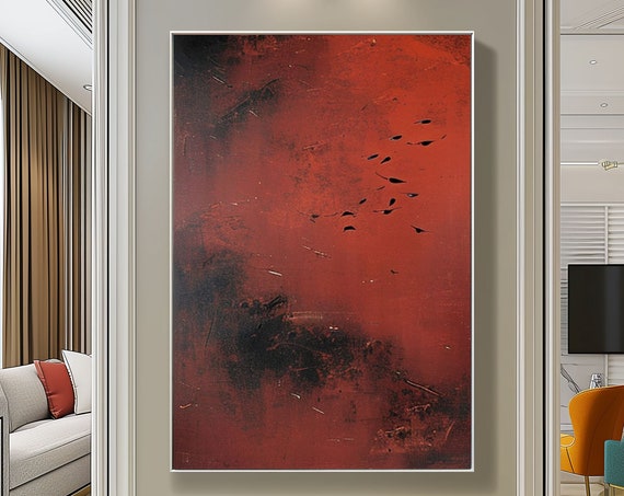 Surrealist Crimson Sky Painting Pure Red Wall Decor Abstract Art Painting Minimalist Wall Art Maximalist Decor Crimson Wall Art