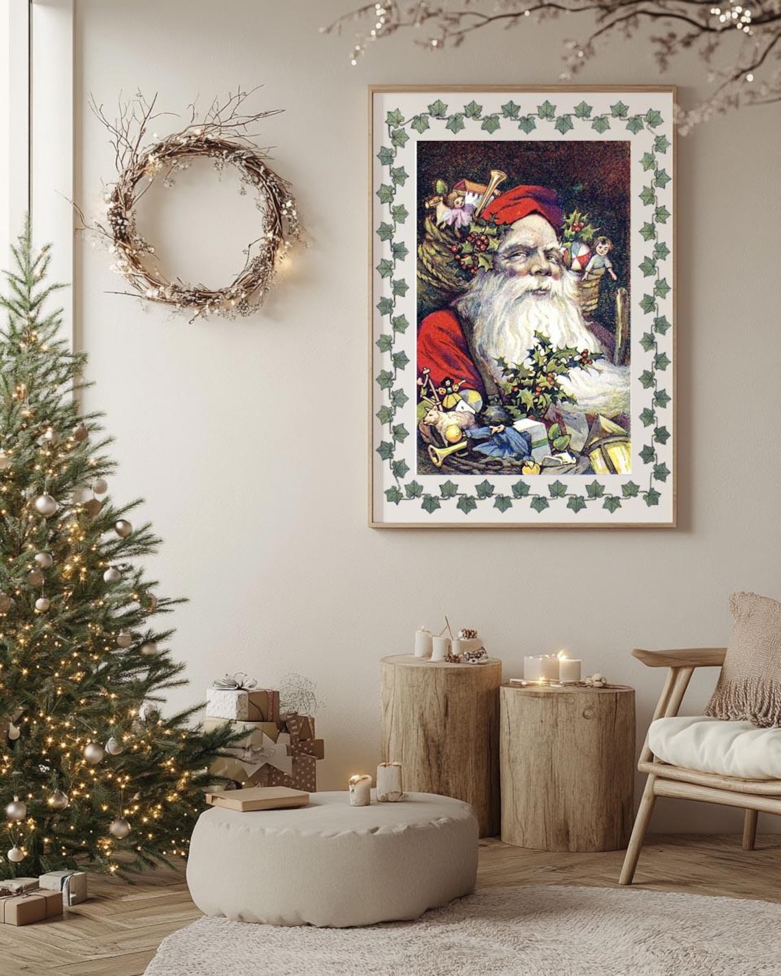 Vintage Santa Claus Toy Basket Ivy Border Antique Christmas Poster - Image 3