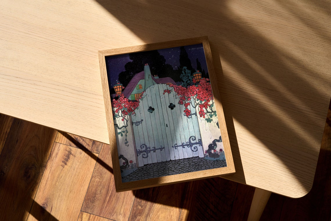 Moonlit Cottage Gate With Climbing Roses Vintage Fairytale Art Poster - Image 2
