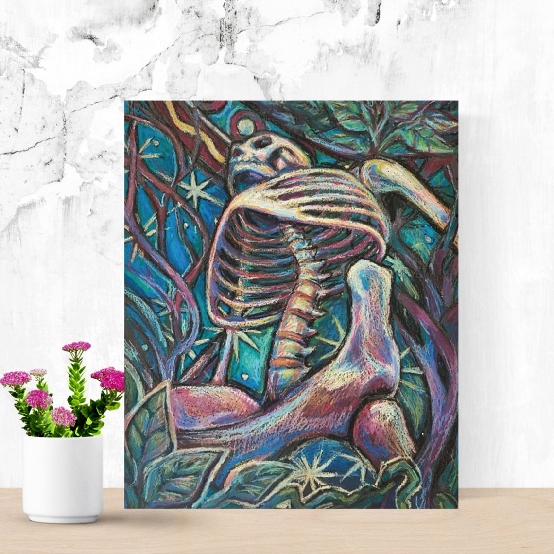 Gothic Skeleton Resting Among Teal Leaves Halloween Art Print