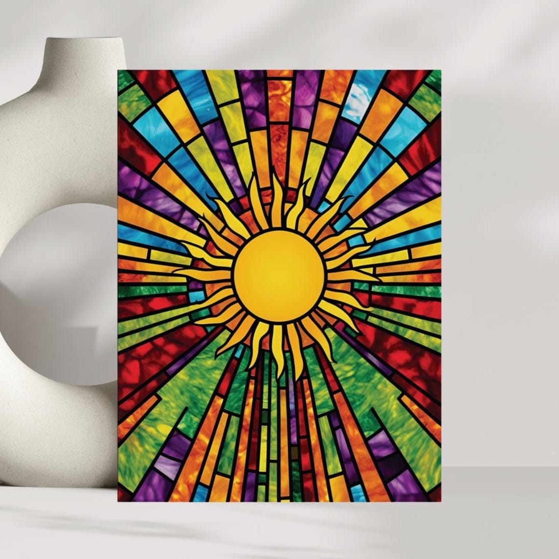 Stained Glass Sun Colorful Boho Sunburst Mosaic Window Poster