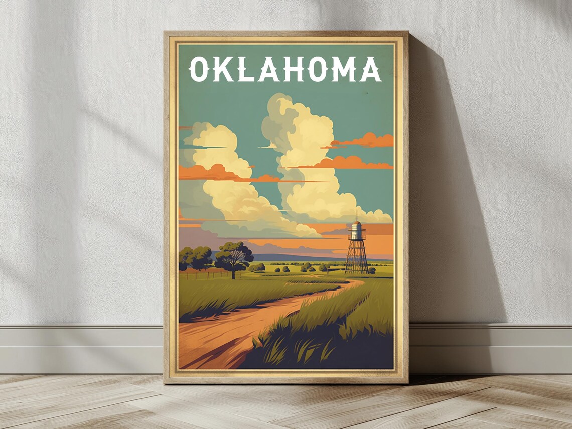 Oklahoma Prairie Water Tower Dirt Road Big Sky Retro Travel Poster - Image 2