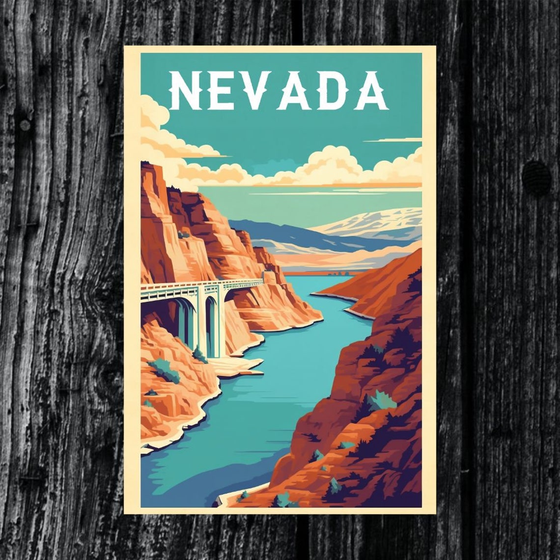 Nevada Canyon River Arch Bridge Red Rock Vintage Travel Poster