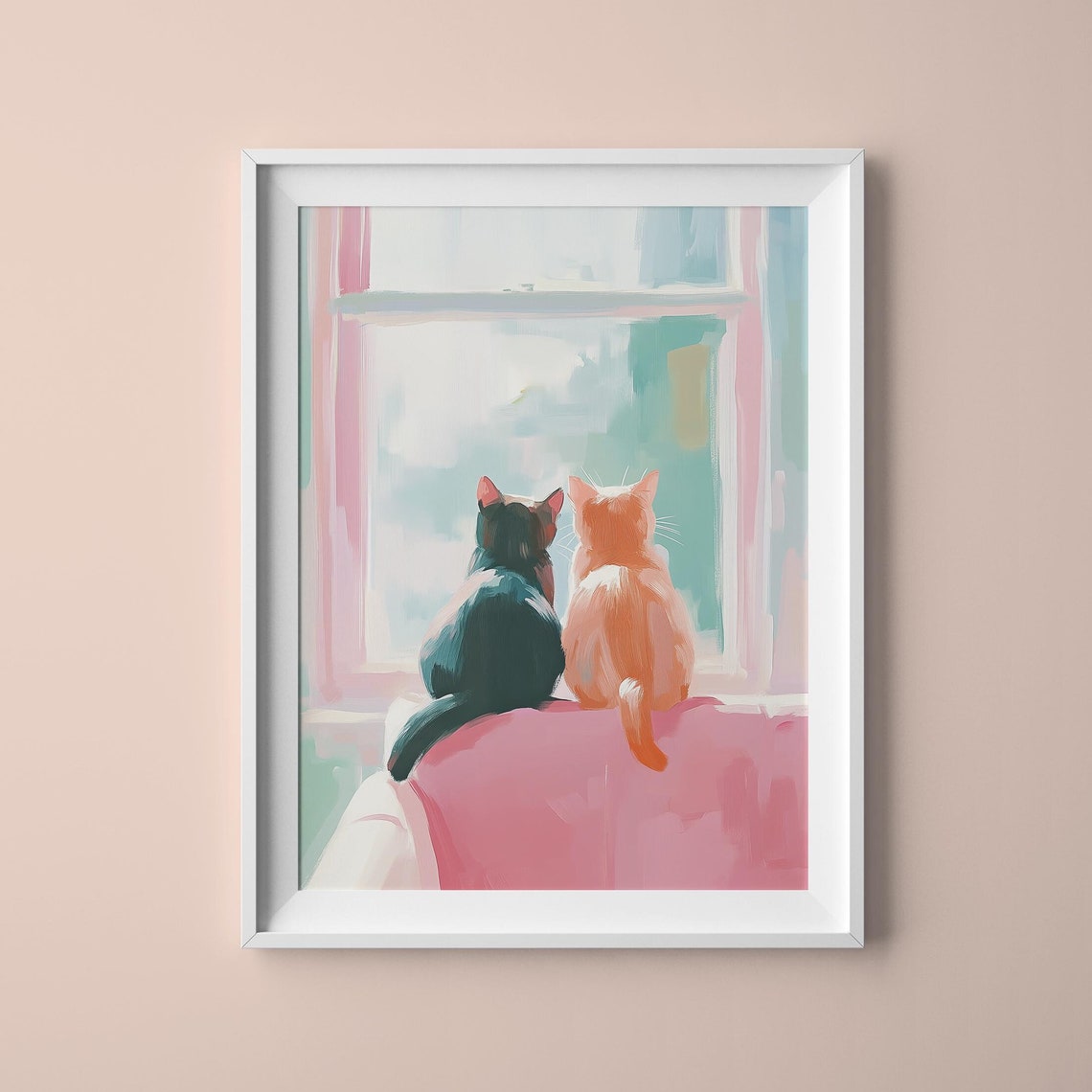 Two Cats Looking Out Window Pastel Pink Cute Feline Wall Art Print