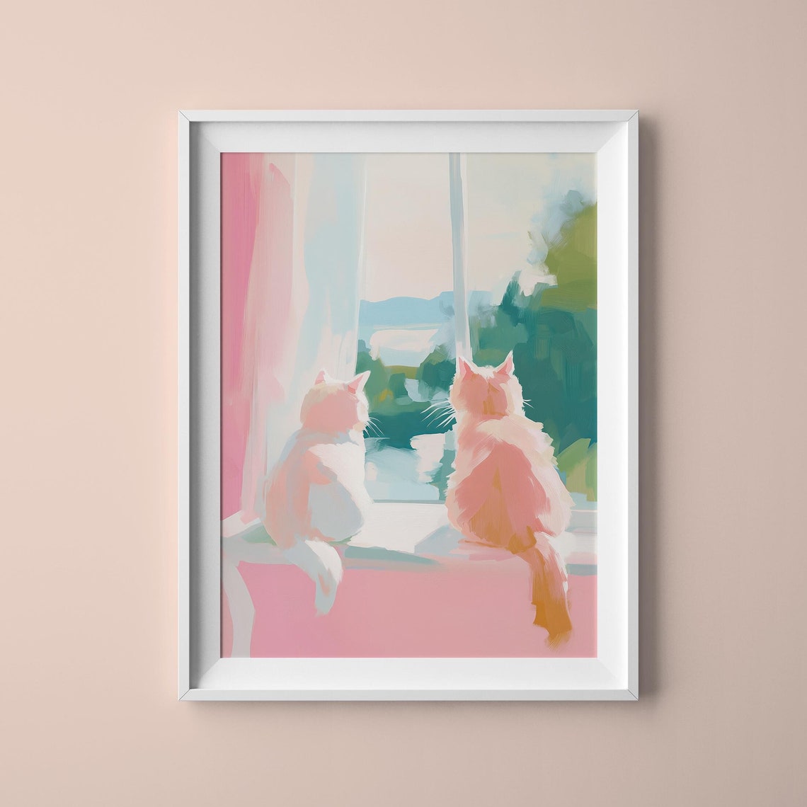 Two Cats on Windowsill Watching Outside Pastel Wall Art Print