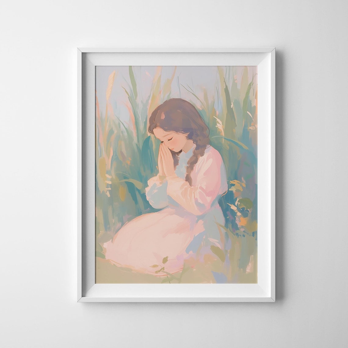 Little Girl Praying In A Sunlit Field Of Tall Grass Peaceful Art Print