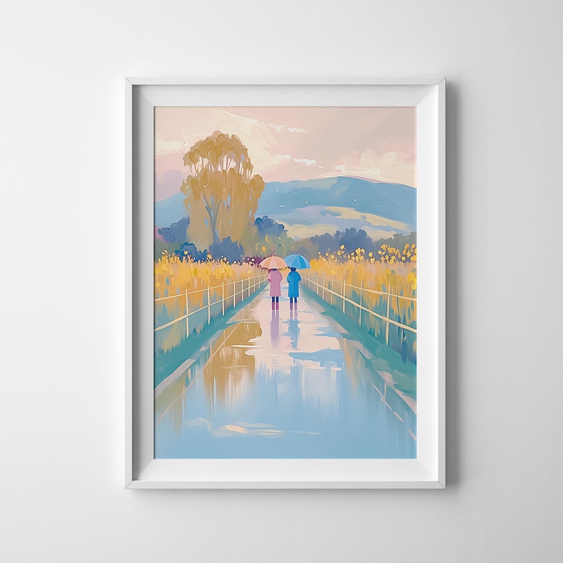 Two Figures With Umbrellas On A Rainy Golden Path Mountain View Poster