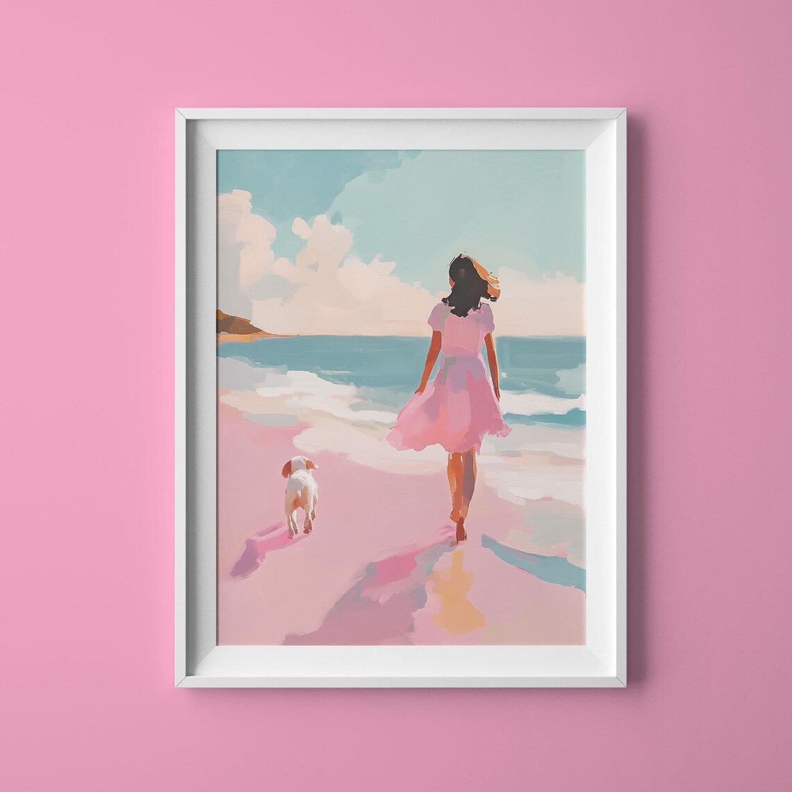 Girl In Pink Dress Walking Dog On Beach Pink Sand Seaside Art Poster