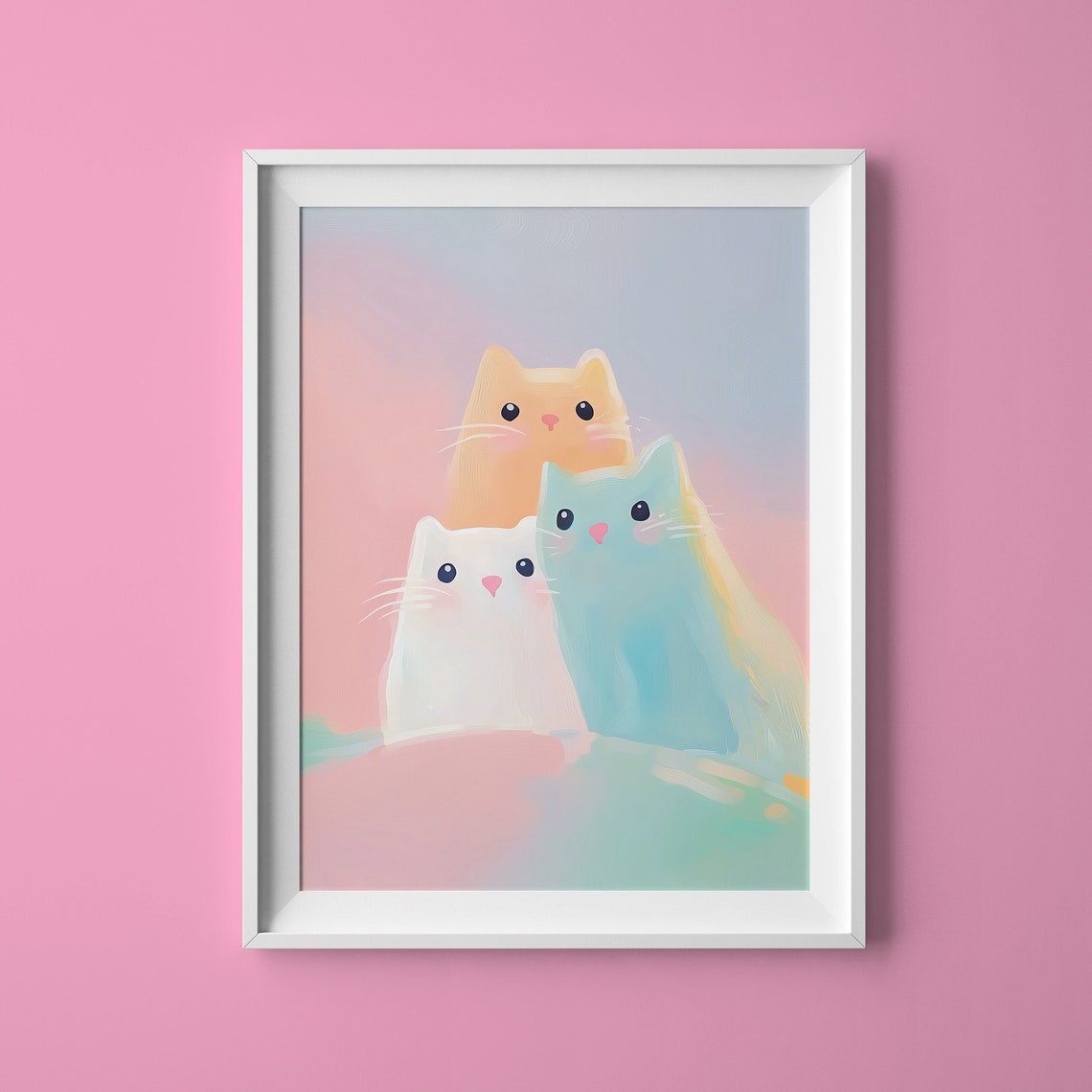 Three Pastel Cartoon Cats Cute Kawaii Feline Friends Wall Art