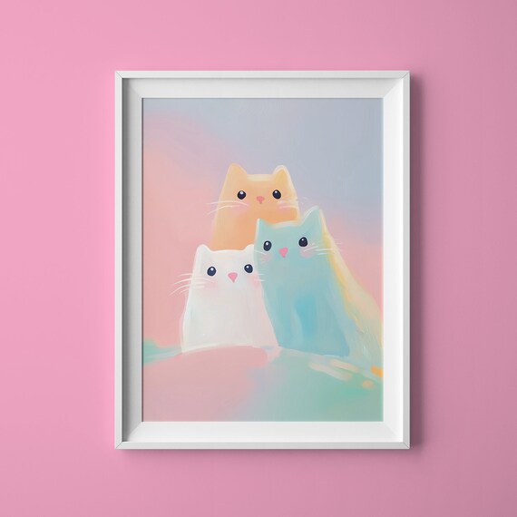Three Pastel Cartoon Cats Cute Kawaii Feline Friends Wall Art