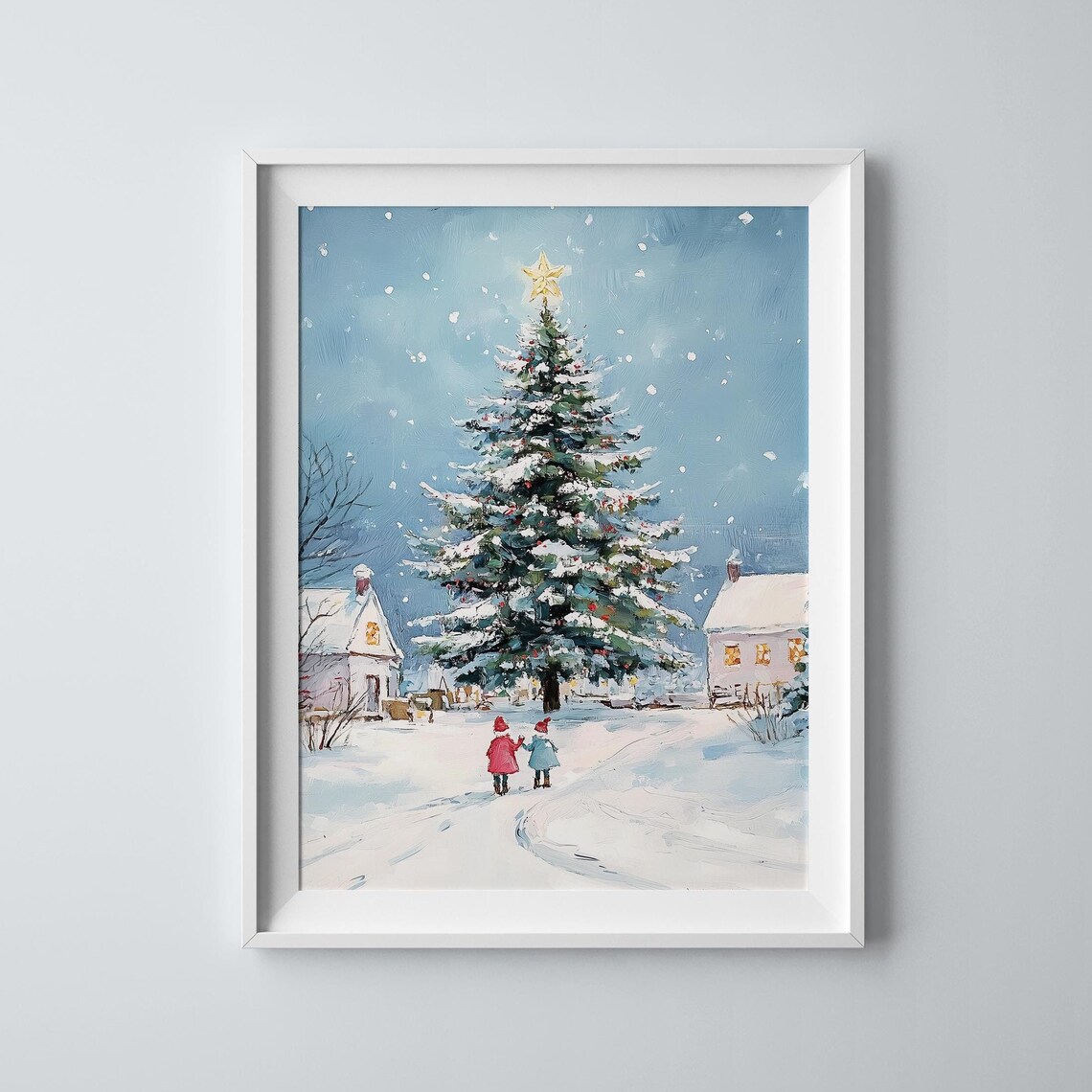 Snowy Christmas Village Night Big Tree Two Kids Winter Art Print