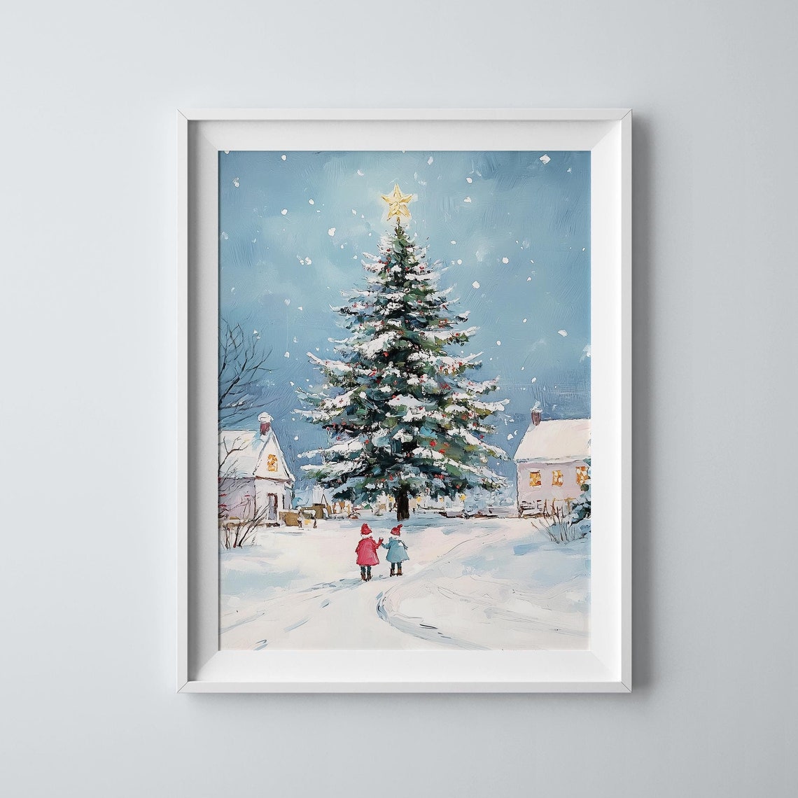 Snowy Christmas Village Tree Snow Covered Village Serene Snowy Nights Snowy Village Scene Christmas Village Winter Village Wall Art