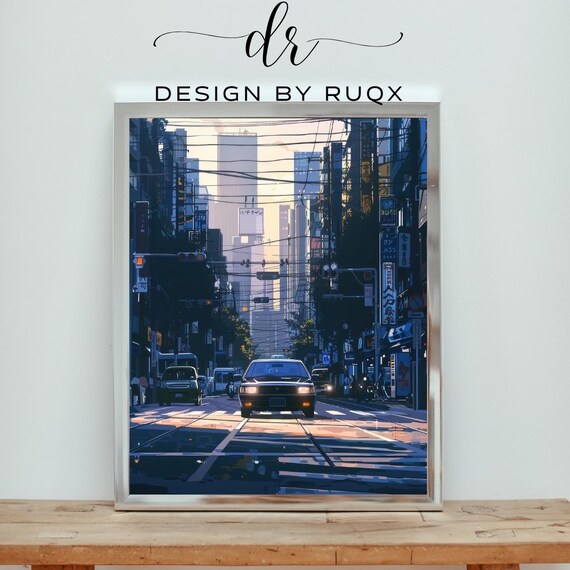 Tokyo Street Anime Cityscape Cars Evening Blue Tone Urban Poster