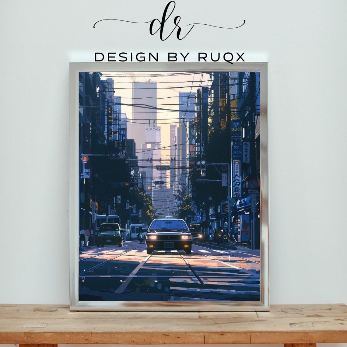 Tokyo Street Anime Cityscape Cars Evening Blue Tone Urban Poster