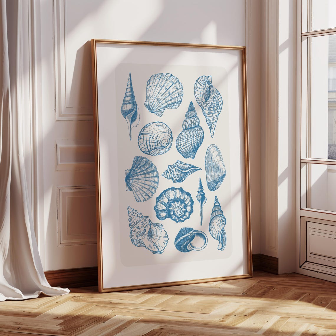 Vintage Blue Seashell Sketch Line Art Coastal Beach Wall Decor Poster - Image 4