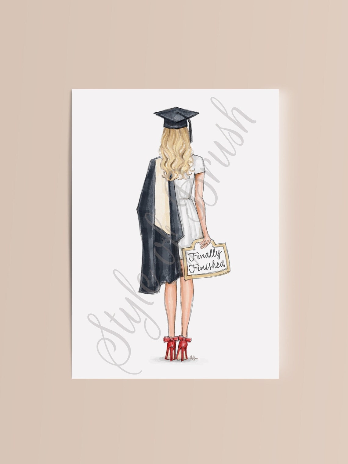 Blonde Graduate Holding Finally Finished Sign in Red Heels Poster - Image 2