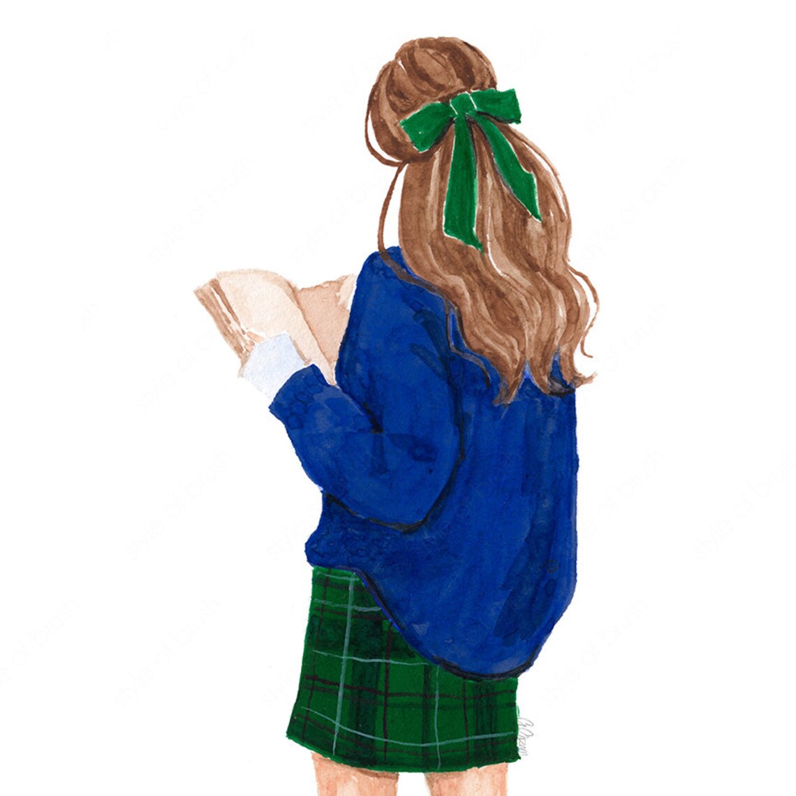 Book Lover Girl Reading Blue Cardigan Plaid Skirt Fashion Poster - Image 2