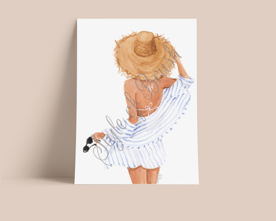 Summer Beach Fashion Girl with Straw Hat Striped Cover Up Poster - Image 2
