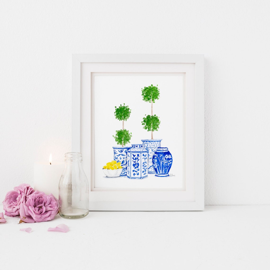 Blue And White Porcelain Ginger Jars Watercolor Print Topiary Lemons - Image 2