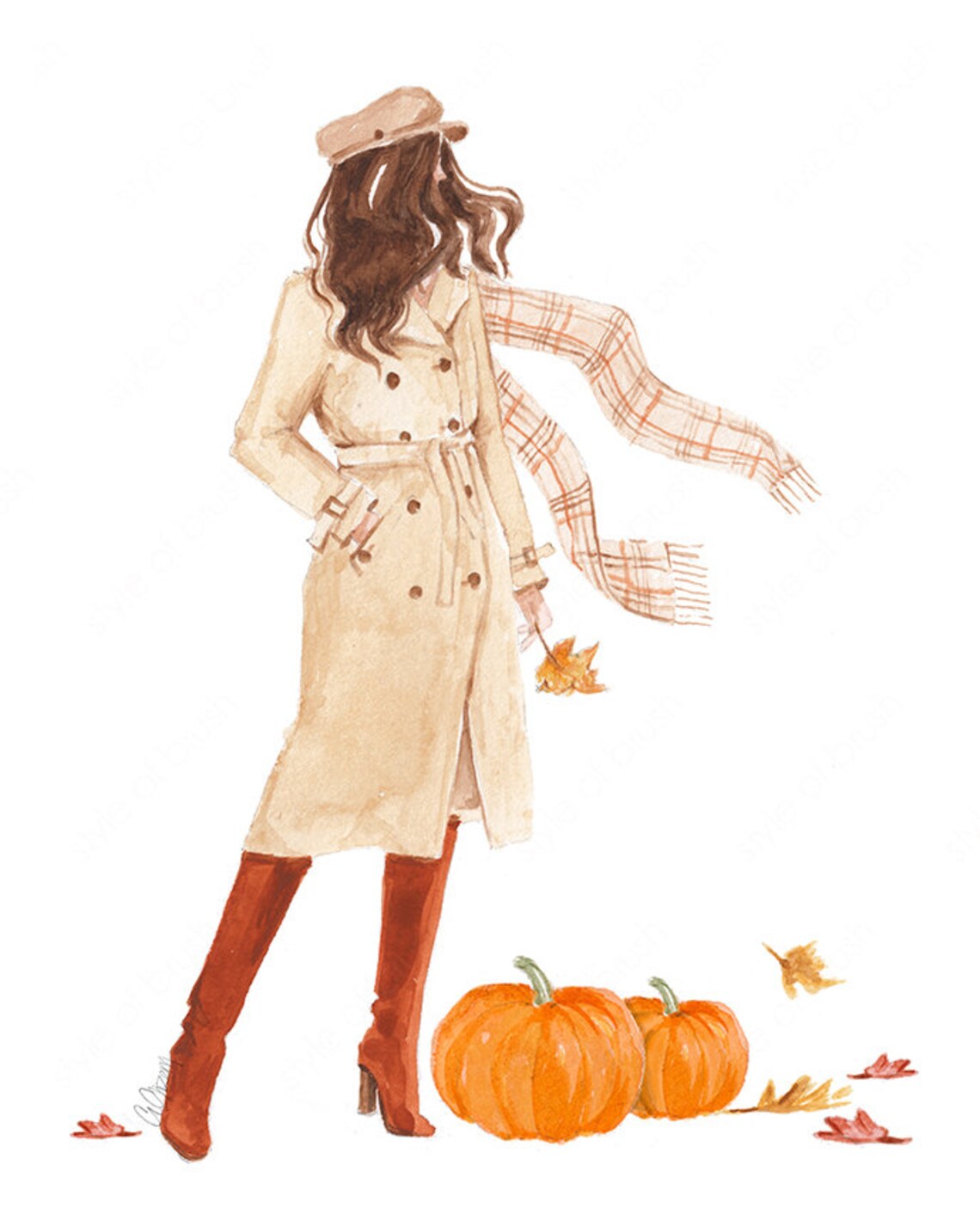 Fall Girl in Trench Coat Plaid Scarf Holding Leaf Pumpkins Poster - Image 2