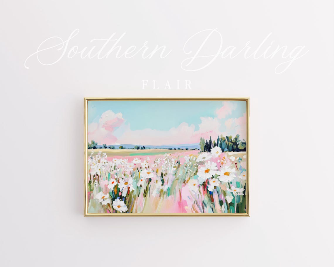 Pastel Wildflower Meadow Daisy Field Spring Landscape Art Poster - Image 3